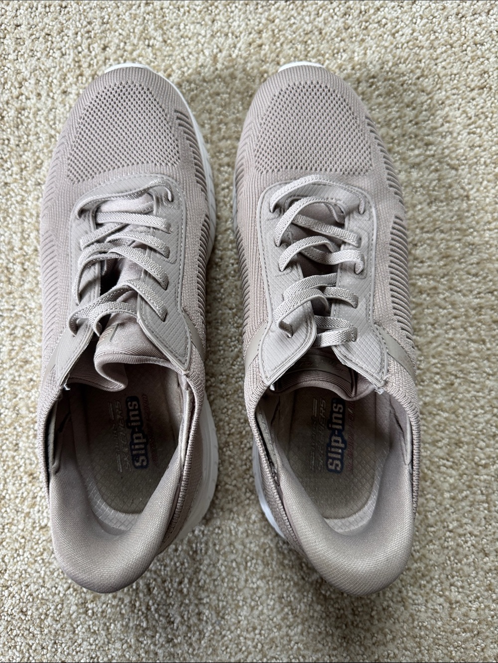 Skechers Women's Knit Slip Ons Sneakers in Taupe